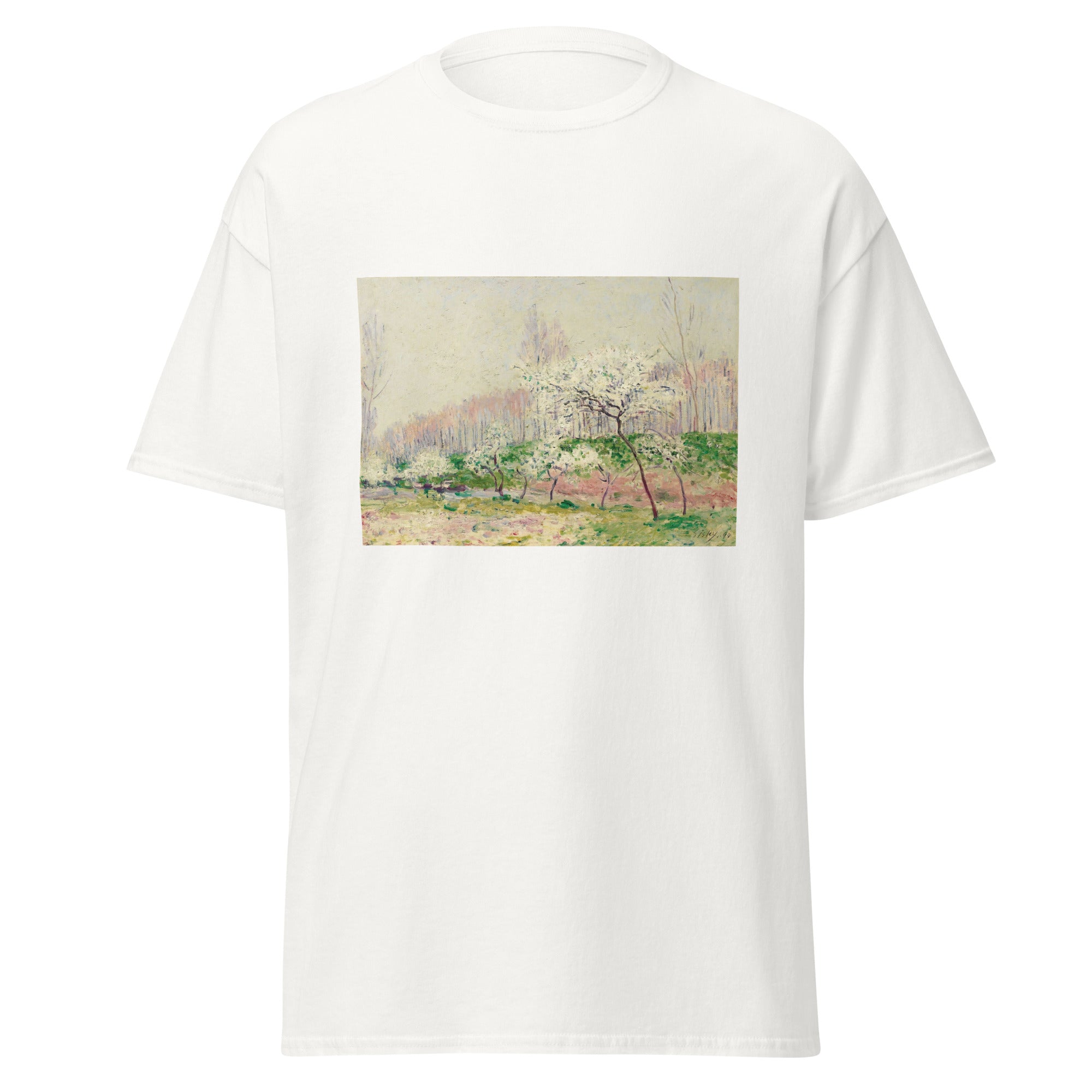 Unisex black t-shirt featuring Alfred Sisley painting "Pommiers" printed across the front