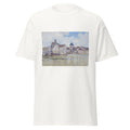 Unisex black t-shirt featuring Alfred Sisley painting "Pont Moret 1888" printed across the front