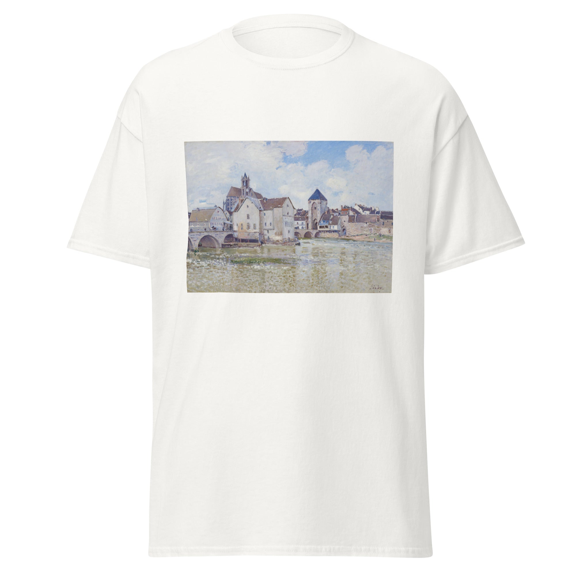 Unisex black t-shirt featuring Alfred Sisley painting "Pont Moret 1888" printed across the front