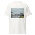 Unisex black t-shirt featuring Alfred Sisley painting "Pont Moret Sur Loing" printed across the front