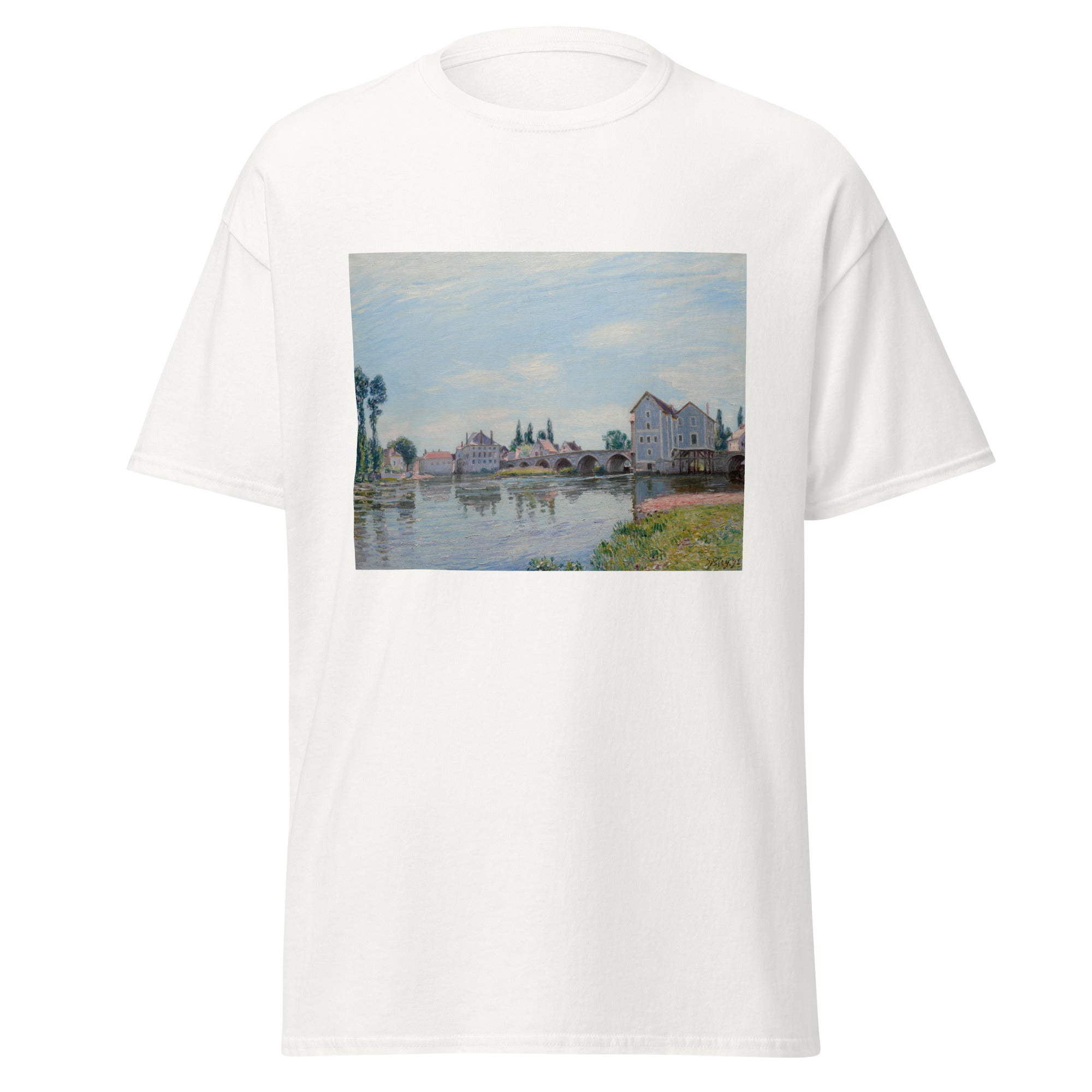 Unisex black t-shirt featuring Alfred Sisley painting "Pont Moret Sur Loing" printed across the front