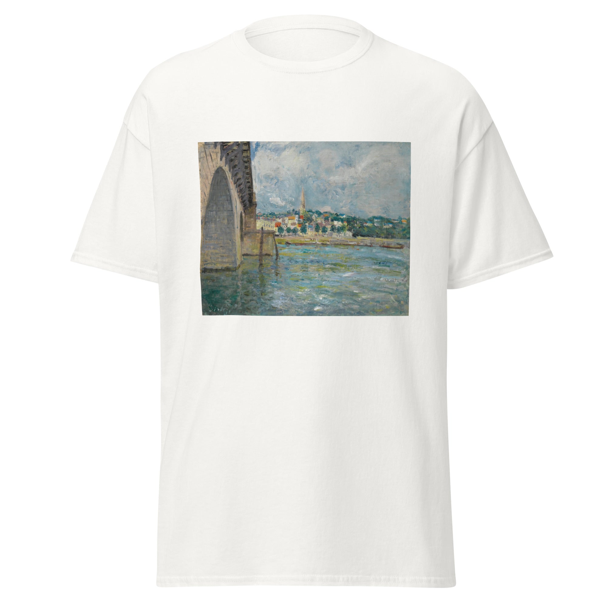 Unisex black t-shirt featuring Alfred Sisley painting "Pont St Cloud 1877" printed across the front