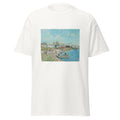 Unisex black t-shirt featuring Alfred Sisley painting "Port Marly" printed across the front