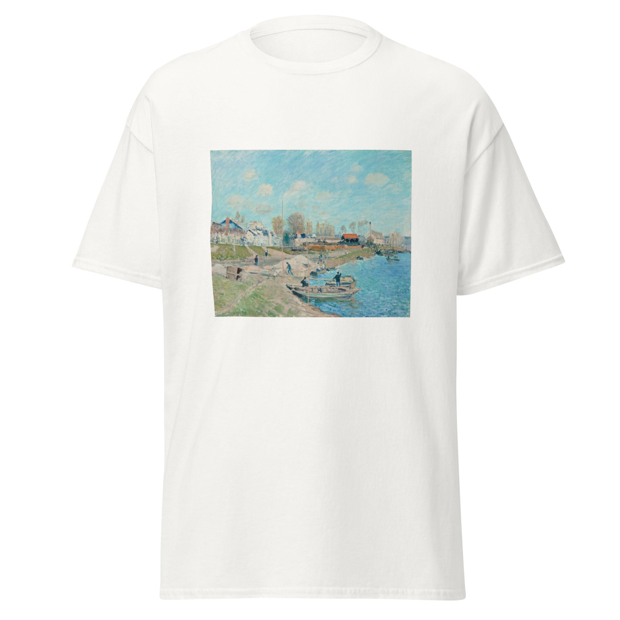 Unisex black t-shirt featuring Alfred Sisley painting "Port Marly" printed across the front