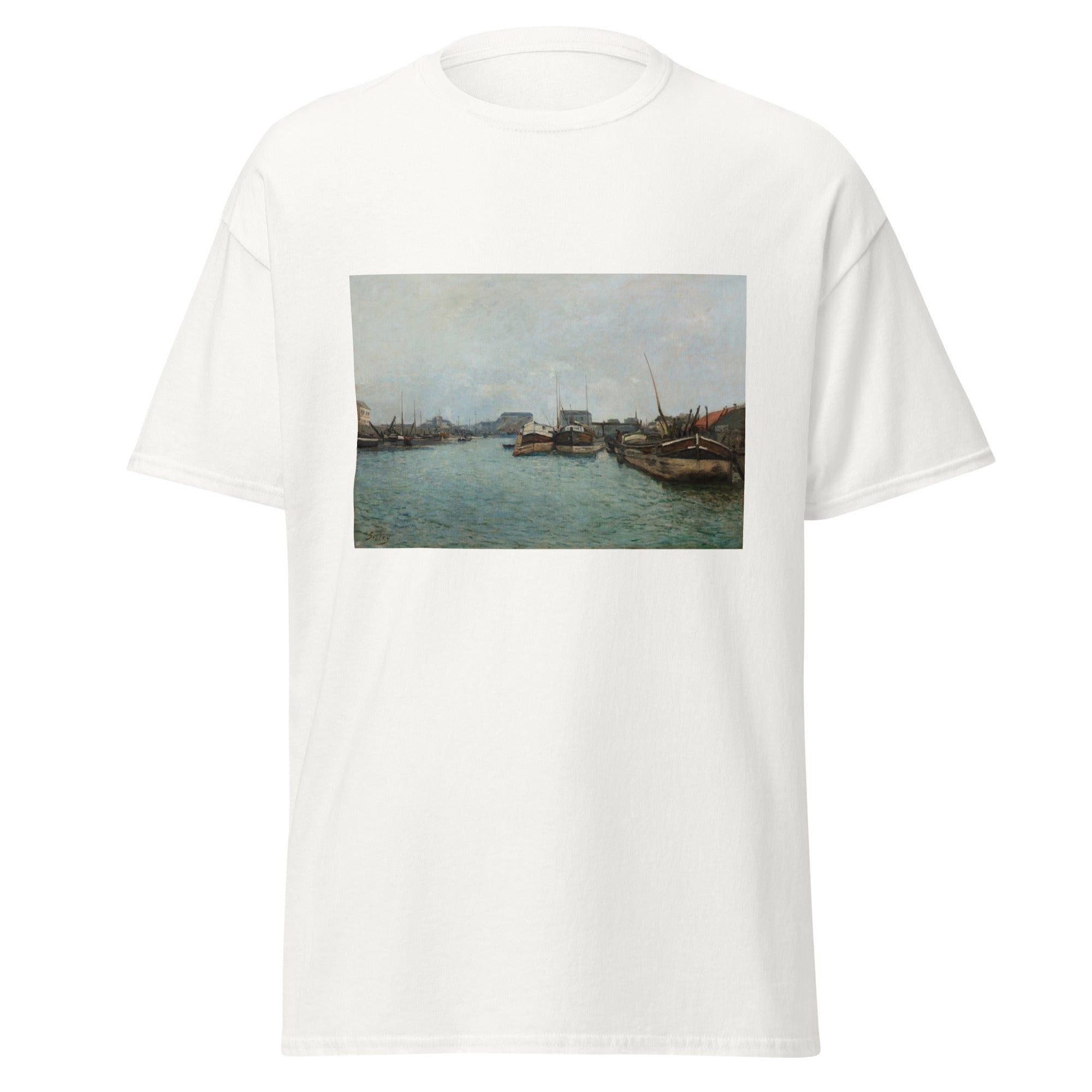 Unisex black t-shirt featuring Alfred Sisley painting "Port" printed across the front