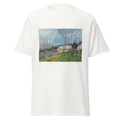 Unisex black t-shirt featuring Alfred Sisley painting "Printemps Loing" printed across the front