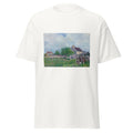 Unisex black t-shirt featuring Alfred Sisley painting "Sablons" printed across the front