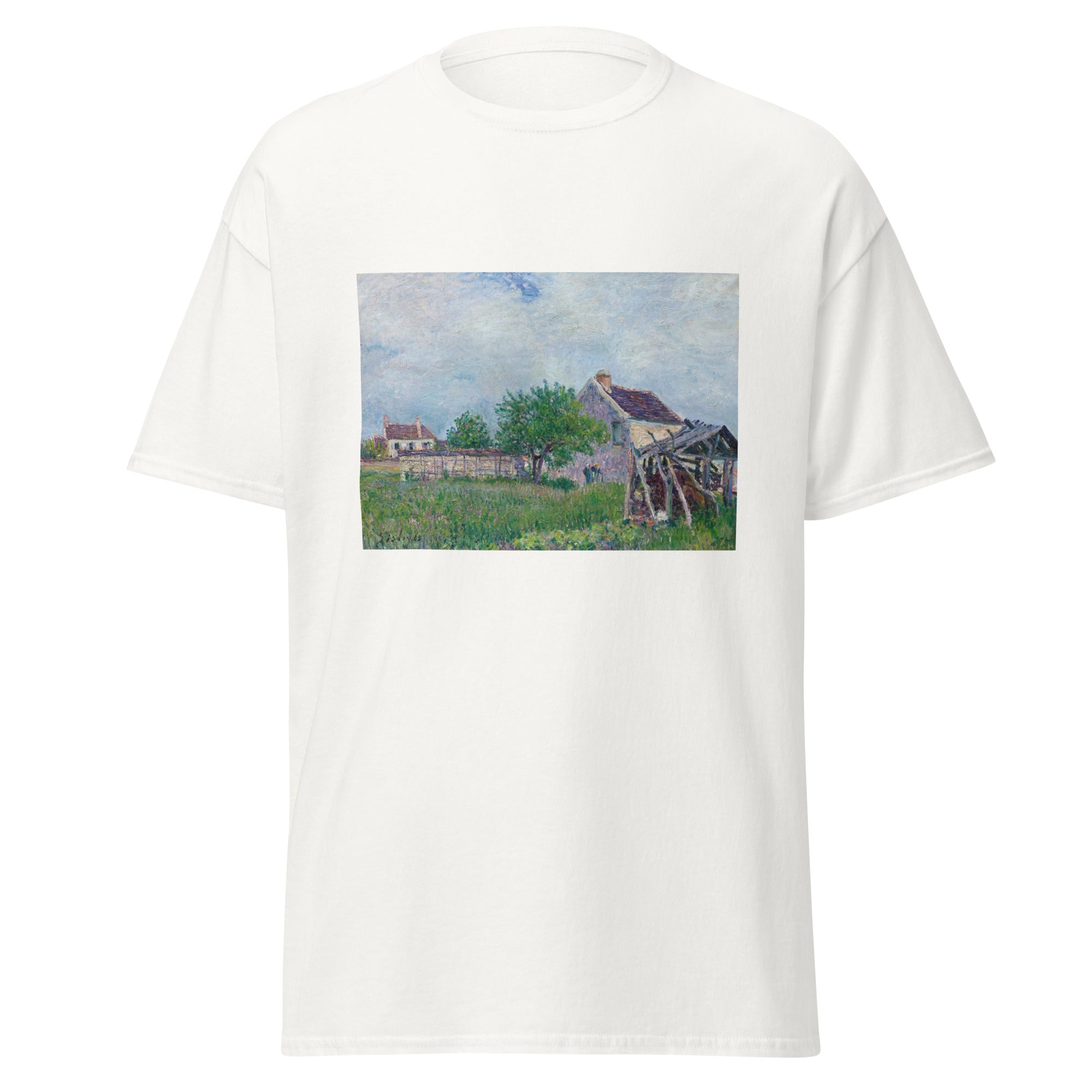 Unisex black t-shirt featuring Alfred Sisley painting "Sablons" printed across the front