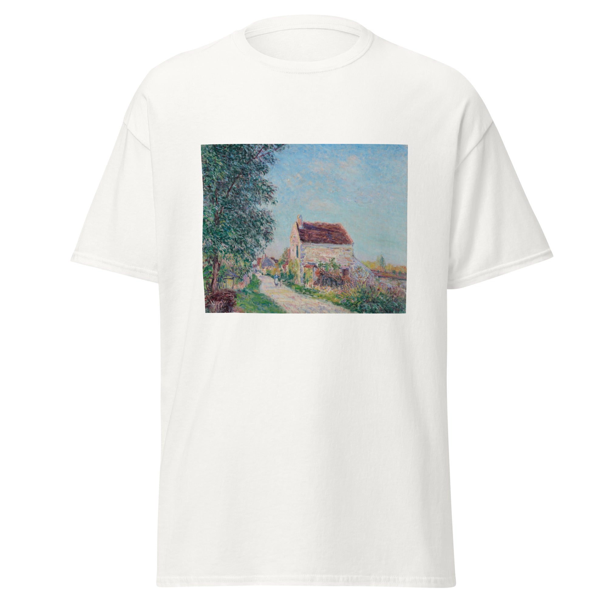 Unisex black t-shirt featuring Alfred Sisley painting "Sabon" printed across the front