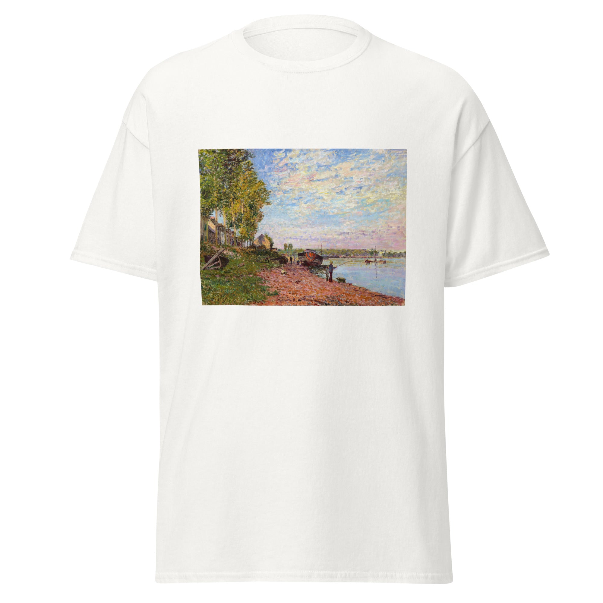 Unisex black t-shirt featuring Alfred Sisley painting "Saint Mammes 1883" printed across the front