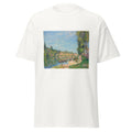 Unisex black t-shirt featuring Alfred Sisley painting "Saint Mammes 1884 2" printed across the front
