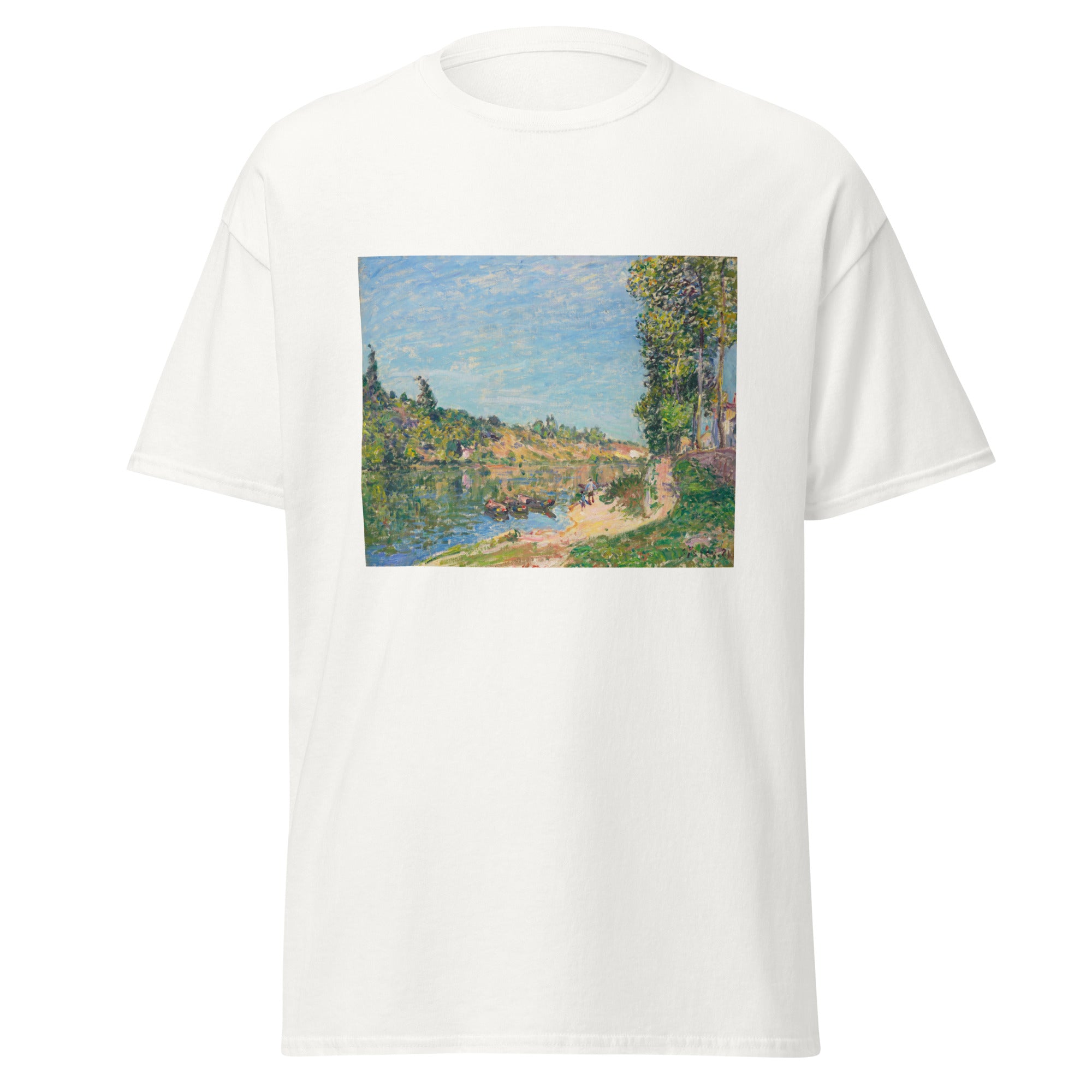 Unisex black t-shirt featuring Alfred Sisley painting "Saint Mammes 1884 2" printed across the front