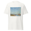 Unisex black t-shirt featuring Alfred Sisley painting "Saint Mammes 1884" printed across the front