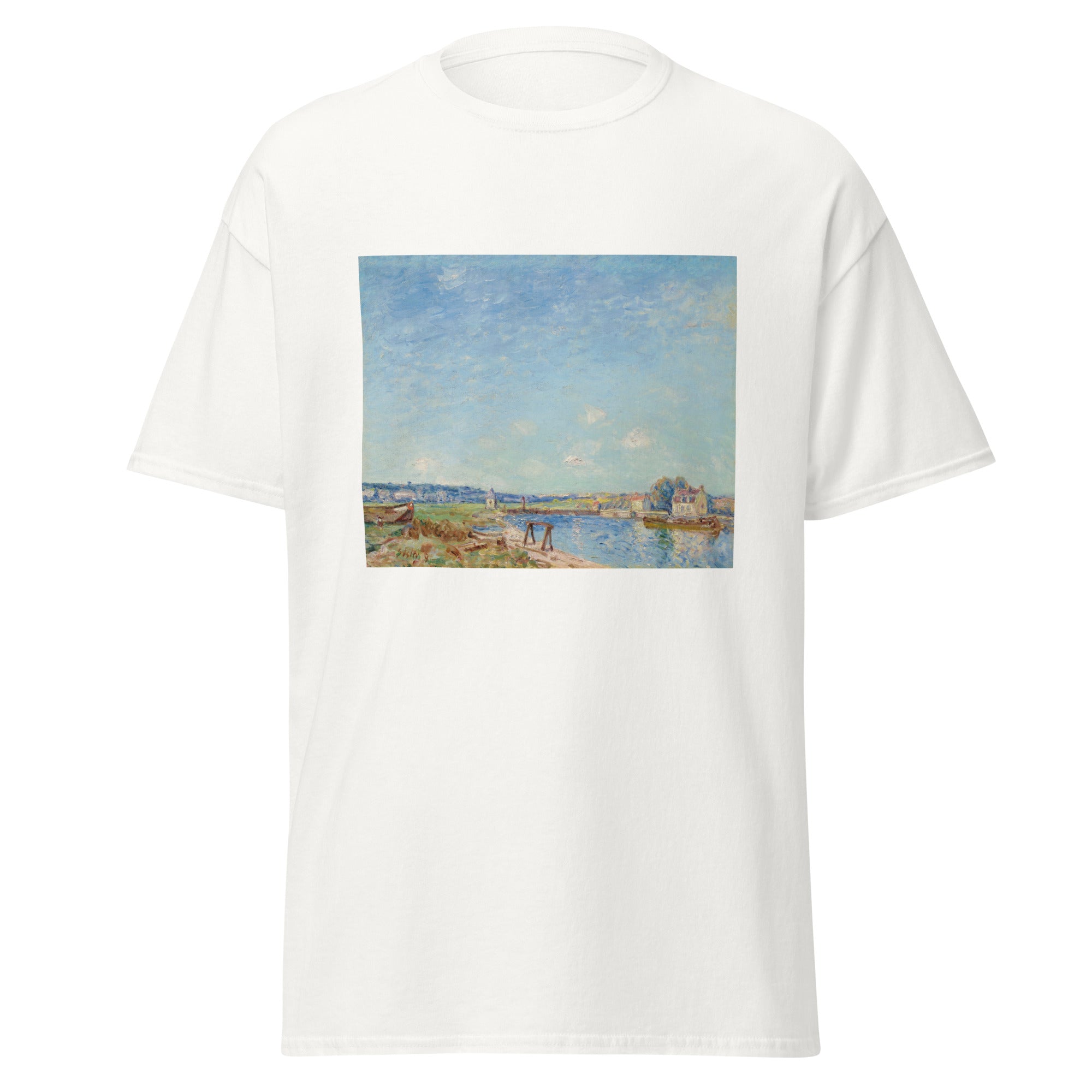 Unisex black t-shirt featuring Alfred Sisley painting "Saint Mammes 1884" printed across the front