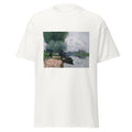 Unisex black t-shirt featuring Alfred Sisley painting "Seine at Bougival" printed across the front