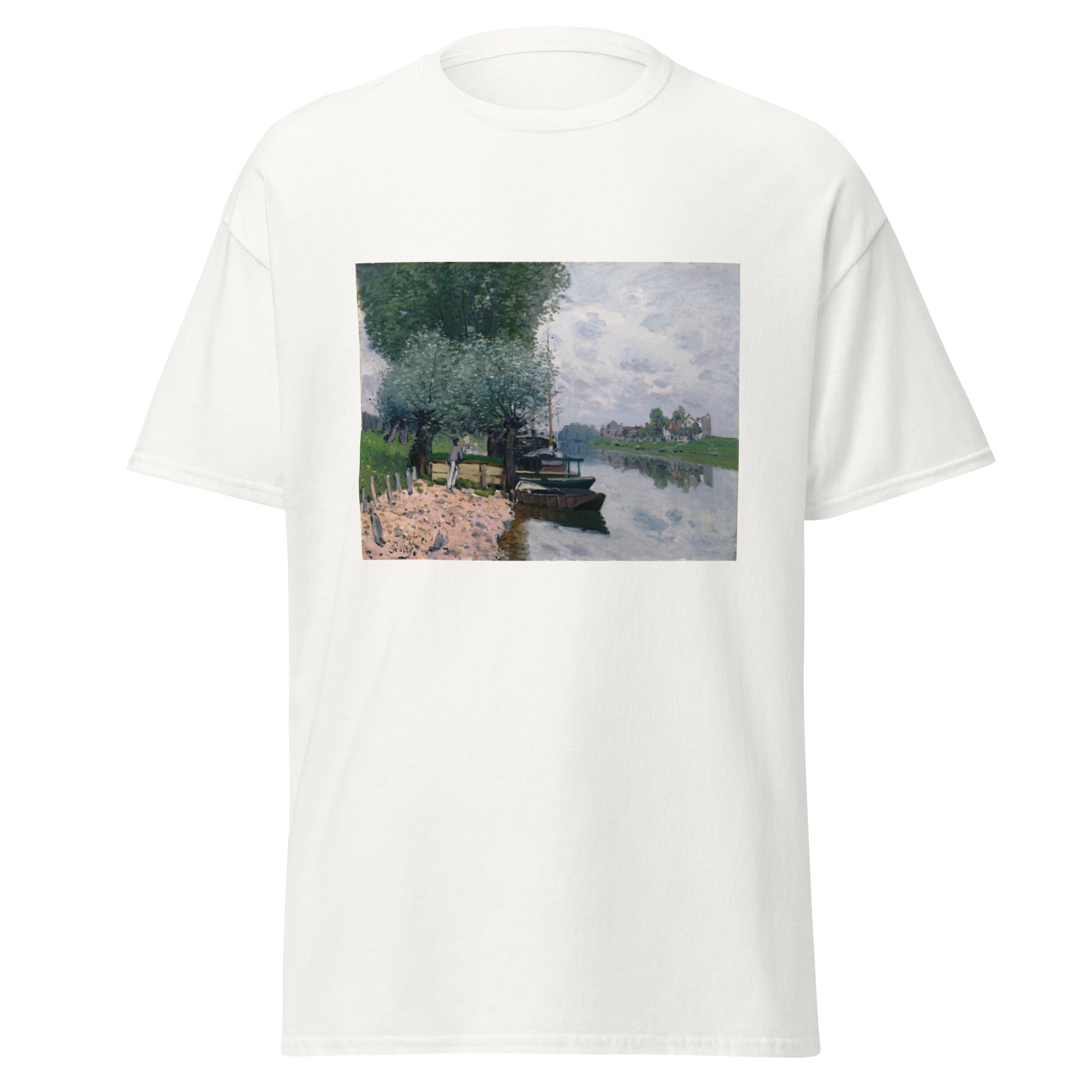Unisex black t-shirt featuring Alfred Sisley painting "Seine at Bougival" printed across the front