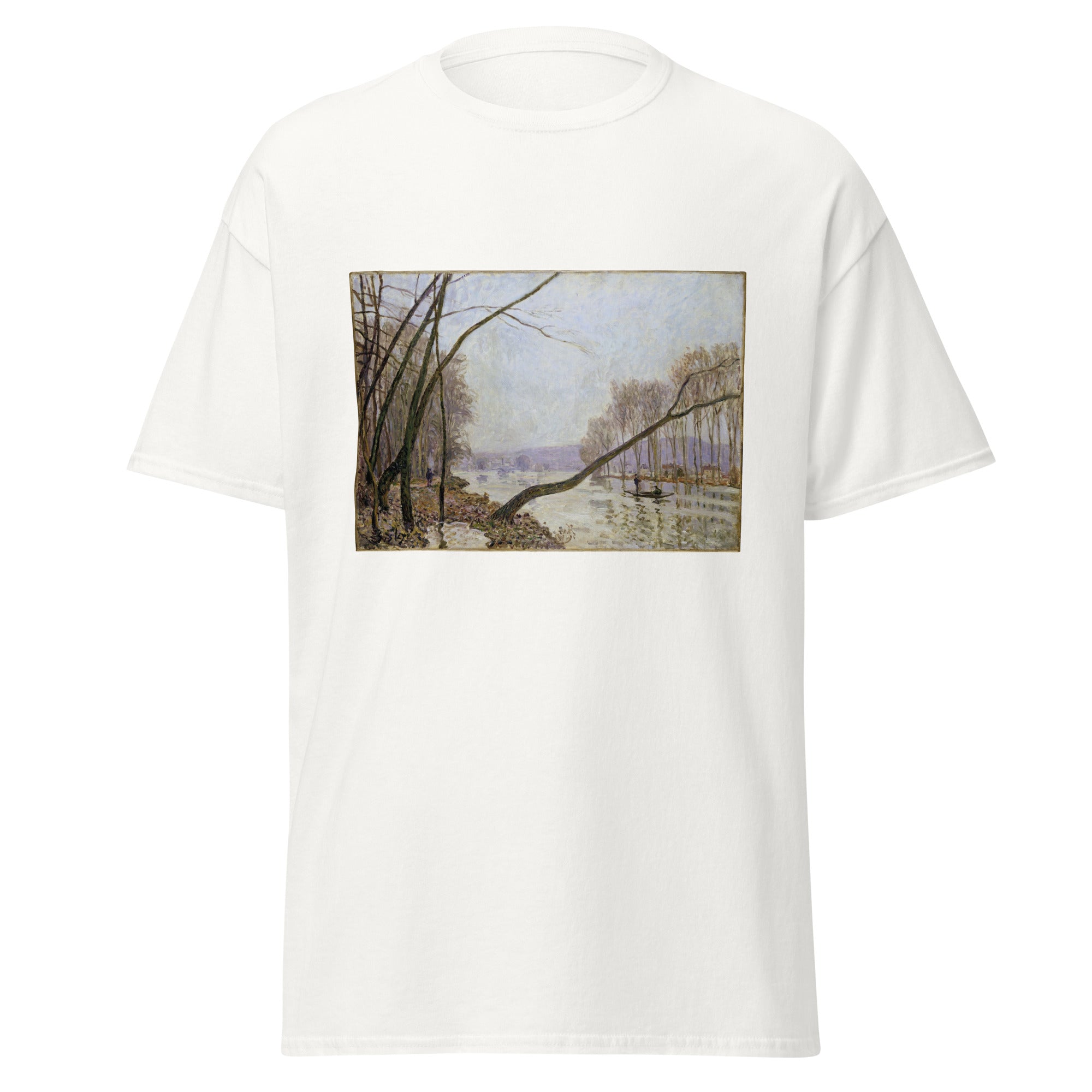 Unisex black t-shirt featuring Alfred Sisley painting "Seine Autumn" printed across the front