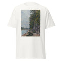 Unisex black t-shirt featuring Alfred Sisley painting "Seine Saint Mammes" printed across the front