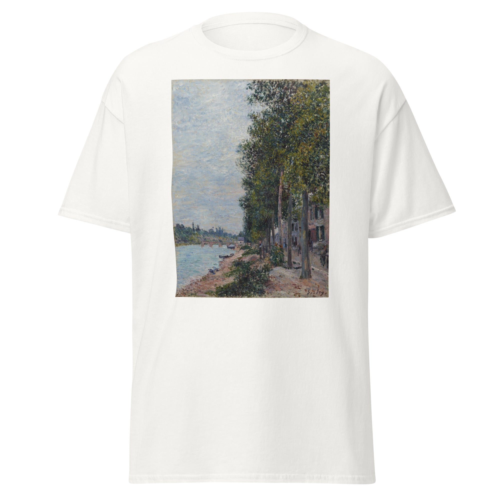 Unisex black t-shirt featuring Alfred Sisley painting "Seine Saint Mammes" printed across the front