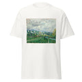 Unisex black t-shirt featuring Alfred Sisley painting "Seine St Cloud" printed across the front