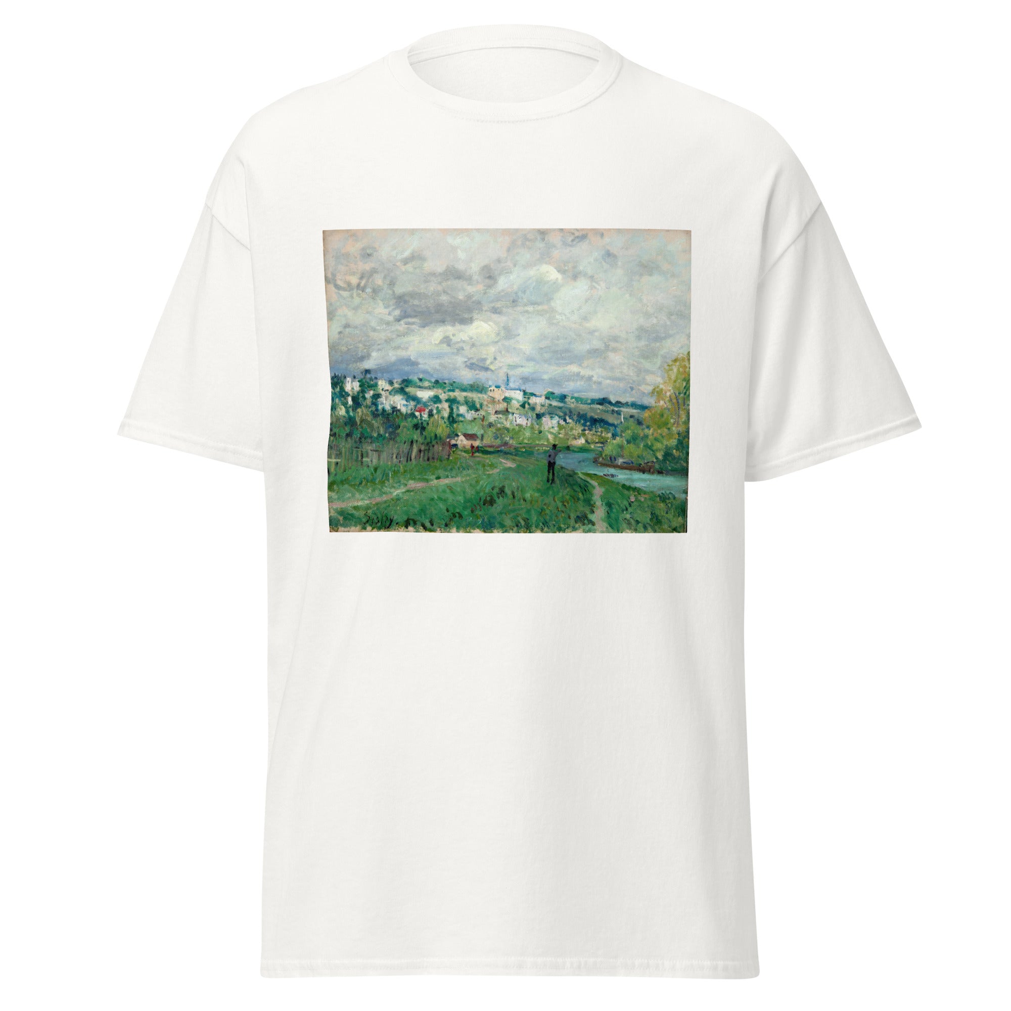 Unisex black t-shirt featuring Alfred Sisley painting "Seine St Cloud" printed across the front