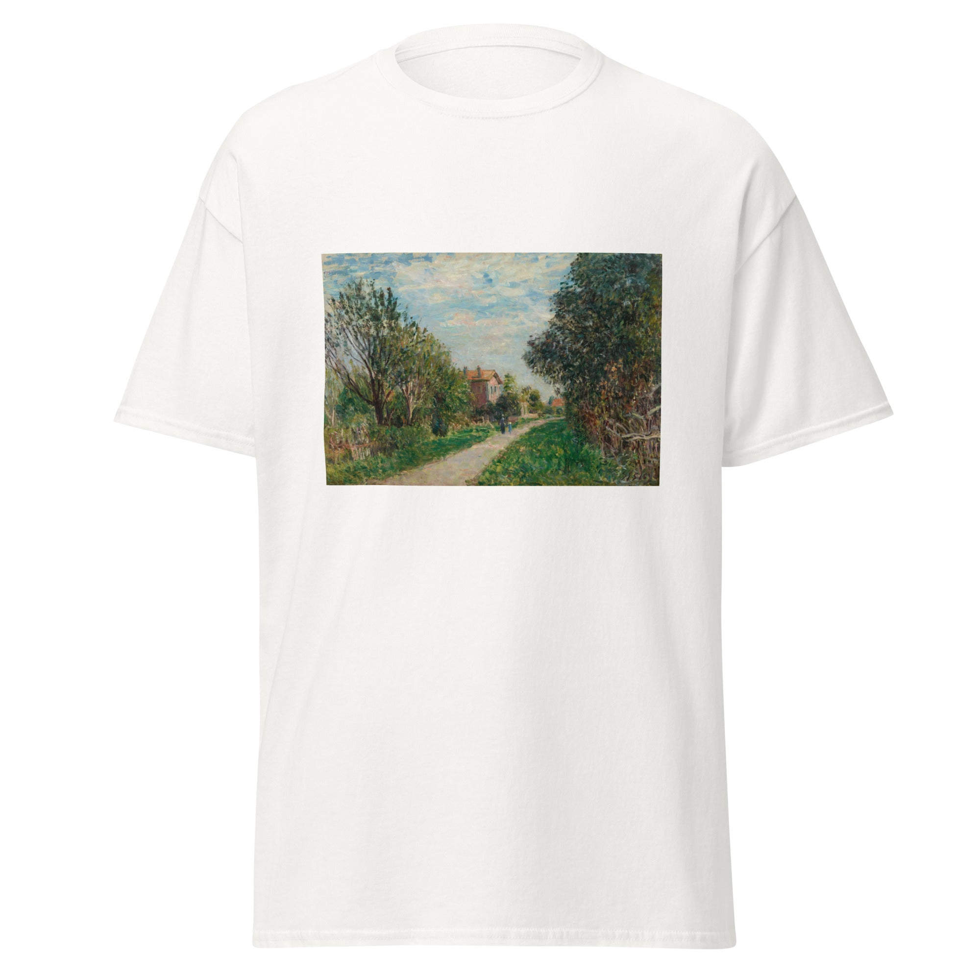 Unisex black t-shirt featuring Alfred Sisley painting "Sevres" printed across the front