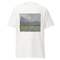 Unisex black t-shirt featuring Alfred Sisley painting "Shores of Loing" printed across the front