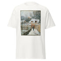 Unisex black t-shirt featuring Alfred Sisley painting "Snow Louveciennes" printed across the front
