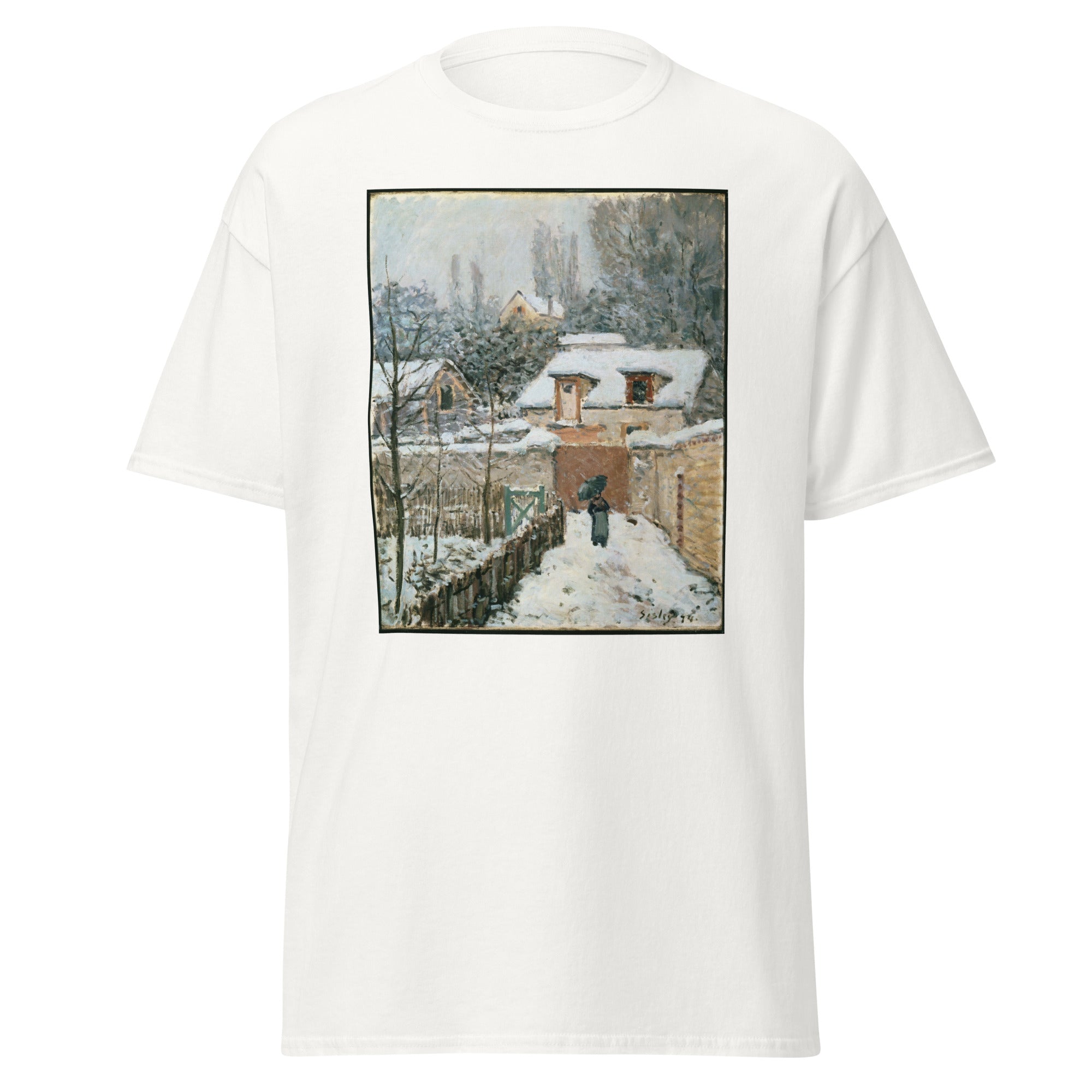 Unisex black t-shirt featuring Alfred Sisley painting "Snow Louveciennes" printed across the front