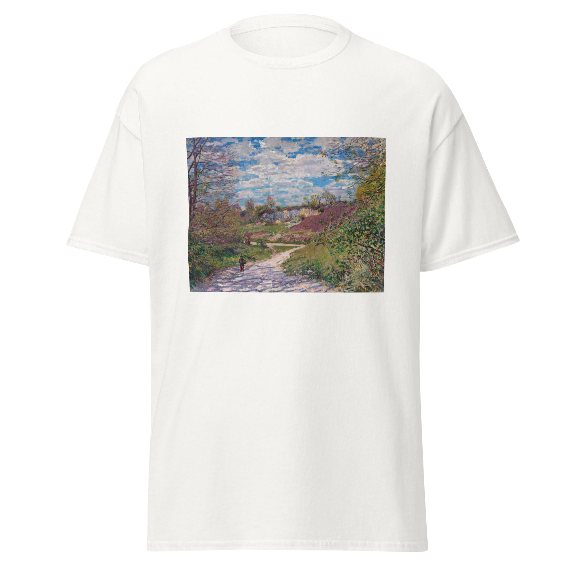 Unisex black t-shirt featuring Alfred Sisley painting "Soleil Dhiver" printed across the front