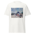 Unisex black t-shirt featuring Alfred Sisley painting "Street Moret" printed across the front
