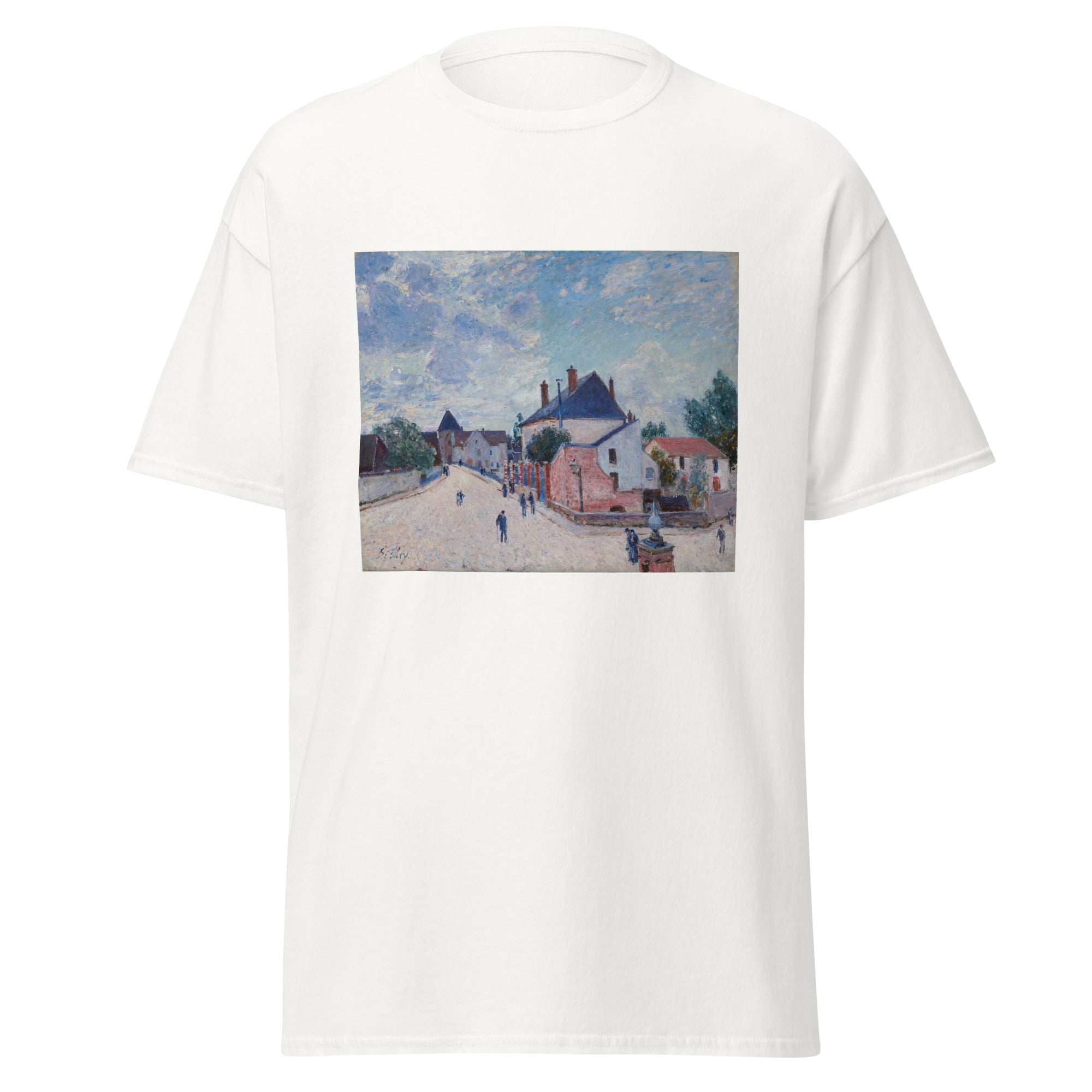 Unisex black t-shirt featuring Alfred Sisley painting "Street Moret" printed across the front