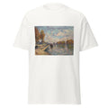 Unisex black t-shirt featuring Alfred Sisley painting "Suresnes" printed across the front