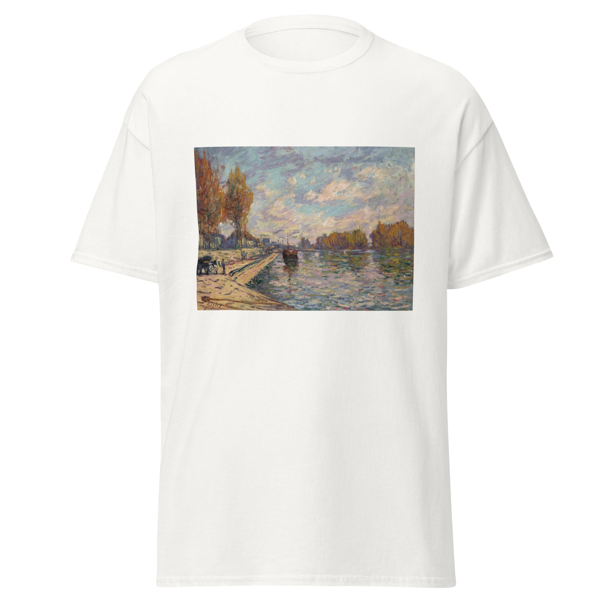 Unisex black t-shirt featuring Alfred Sisley painting "Suresnes" printed across the front
