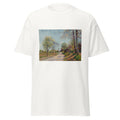 Unisex black t-shirt featuring Alfred Sisley painting "Veneux" printed across the front