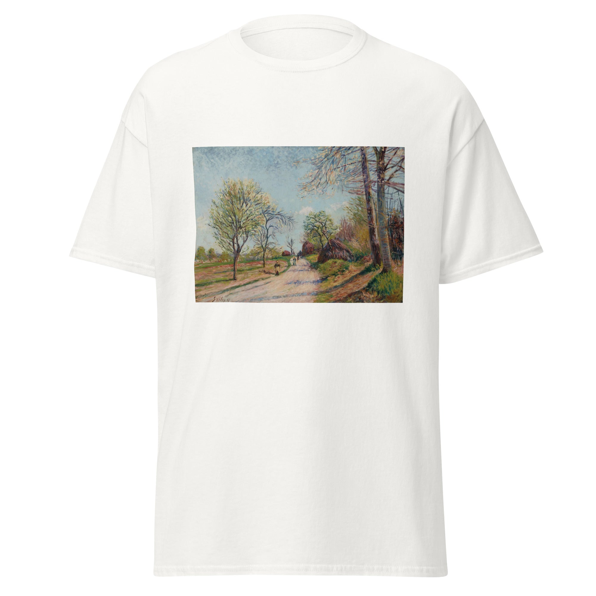 Unisex black t-shirt featuring Alfred Sisley painting "Veneux" printed across the front