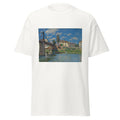 Unisex black t-shirt featuring Alfred Sisley painting "Villeneuve Garenne" printed across the front