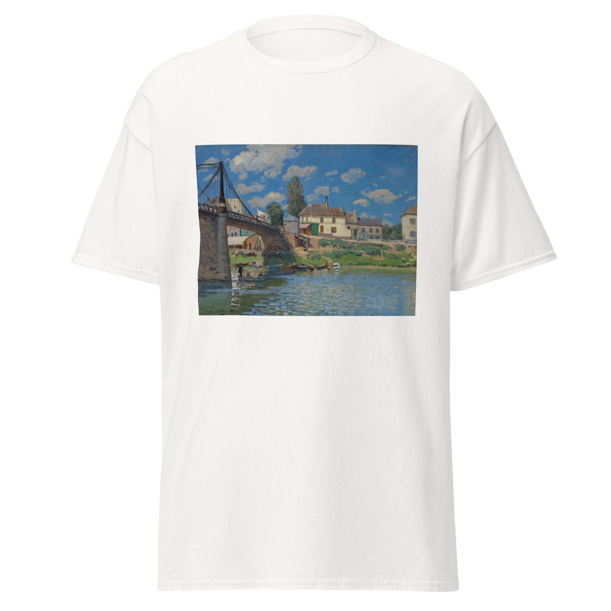 Unisex black t-shirt featuring Alfred Sisley painting "Villeneuve Garenne" printed across the front