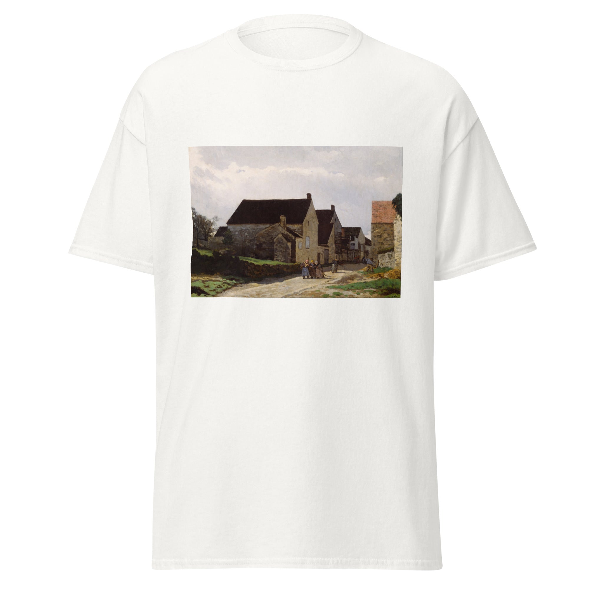 Unisex black t-shirt featuring Alfred Sisley painting "Women Going to Woods" printed across the front
