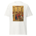 Unisex black t-shirt featuring Lorenzetti painting "Crucifixion" printed across the front