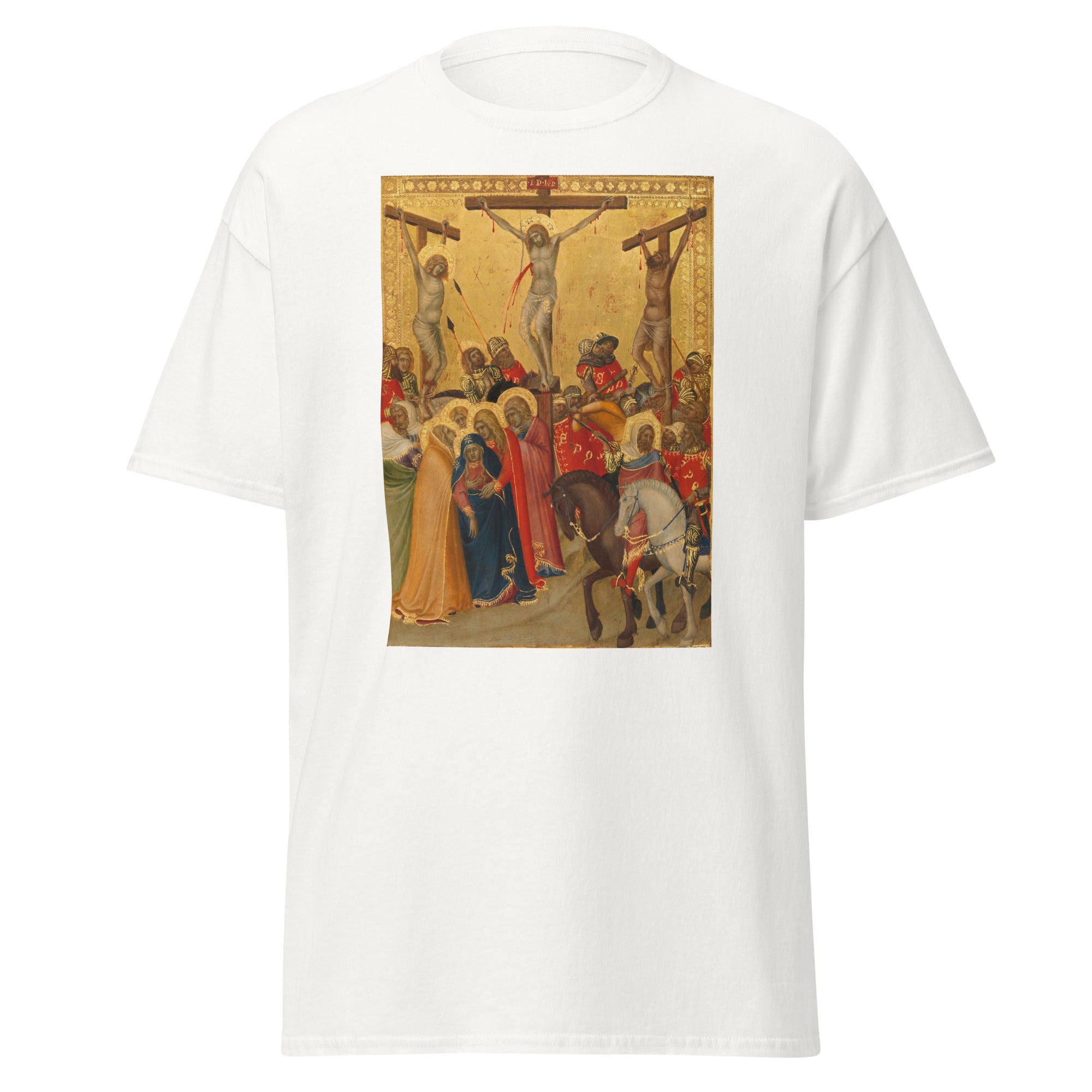 Unisex black t-shirt featuring Lorenzetti painting "Crucifixion" printed across the front