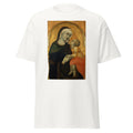 Unisex black t-shirt featuring Lorenzetti painting "Madonna Child" printed across the front