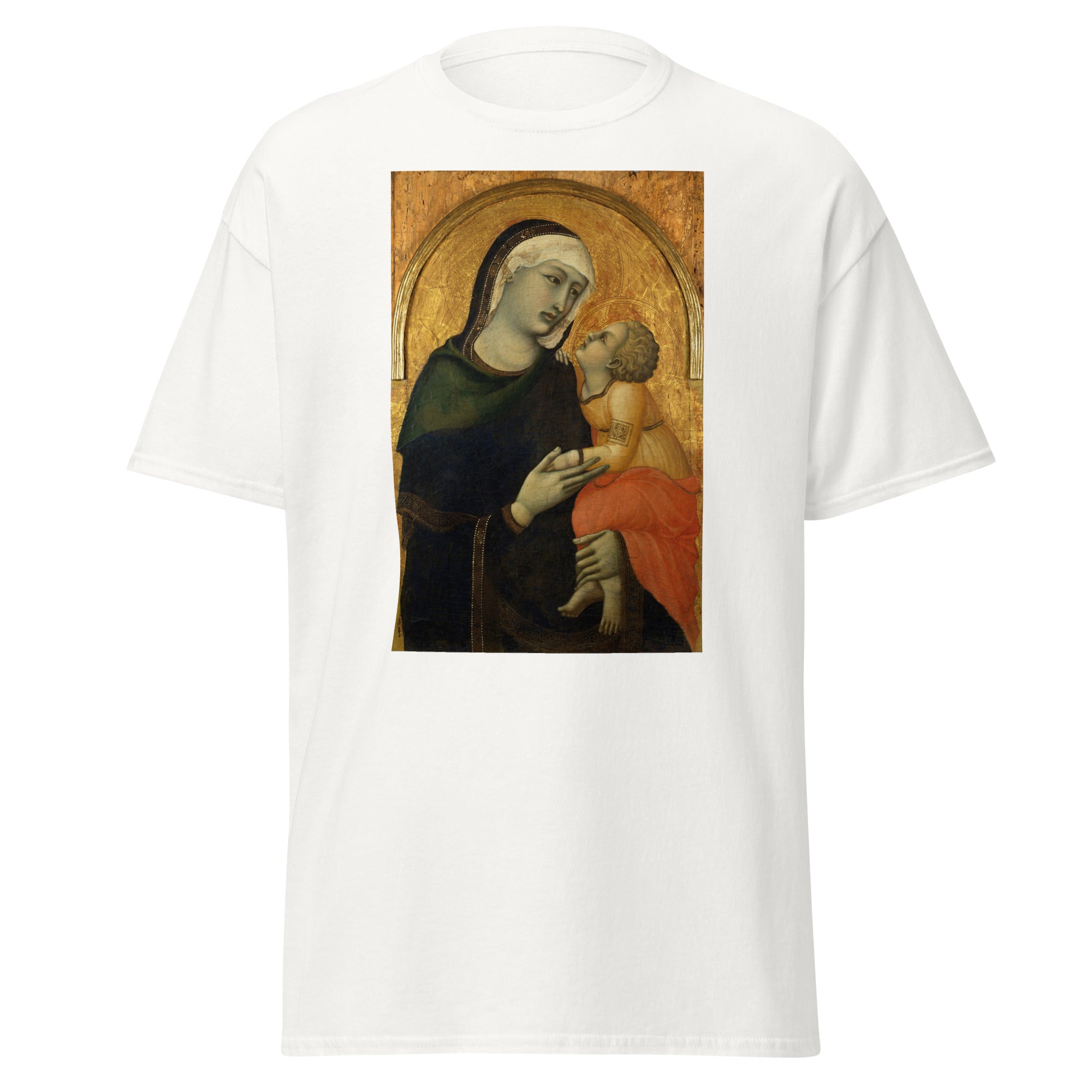 Unisex black t-shirt featuring Lorenzetti painting "Madonna Child" printed across the front