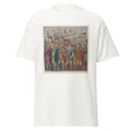 Unisex black t-shirt featuring Andrea Mantegna painting "Caesar Exploits" printed across the front