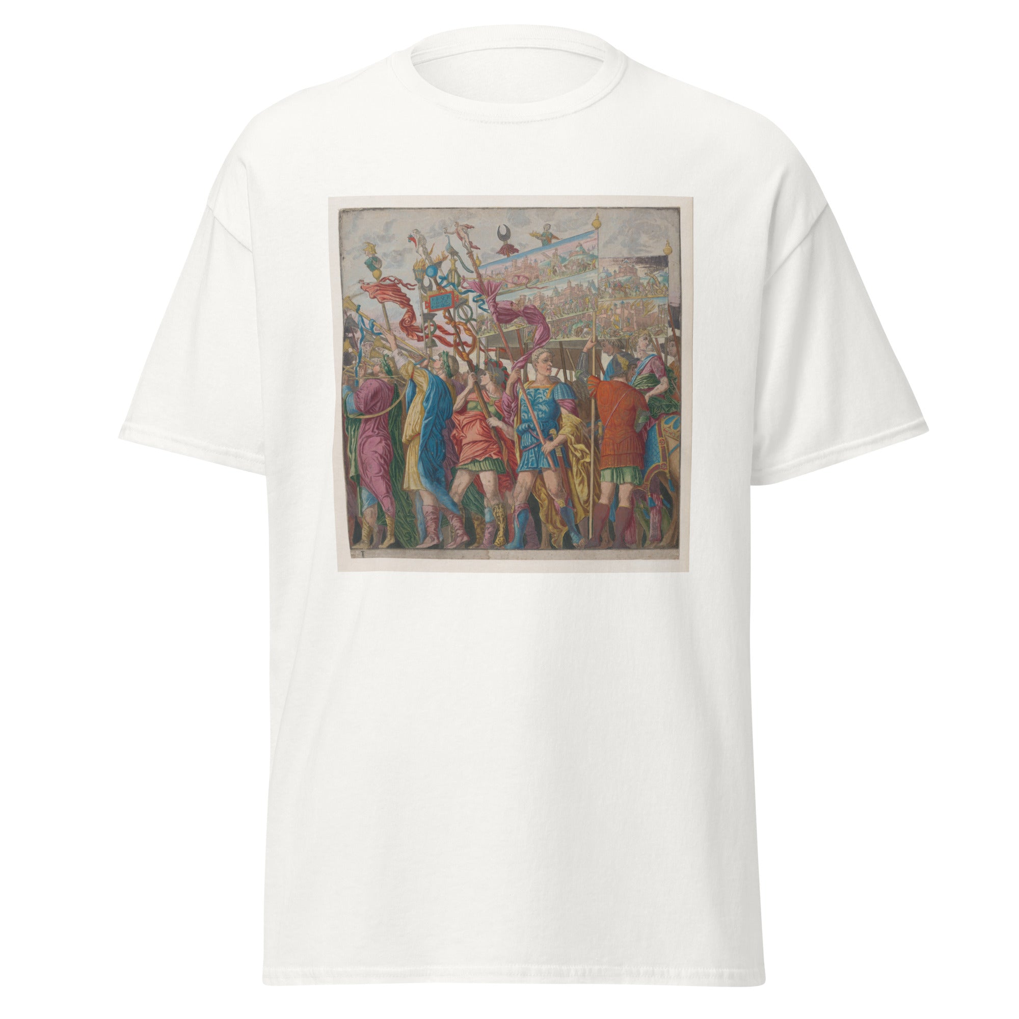 Unisex black t-shirt featuring Andrea Mantegna painting "Caesar Exploits" printed across the front