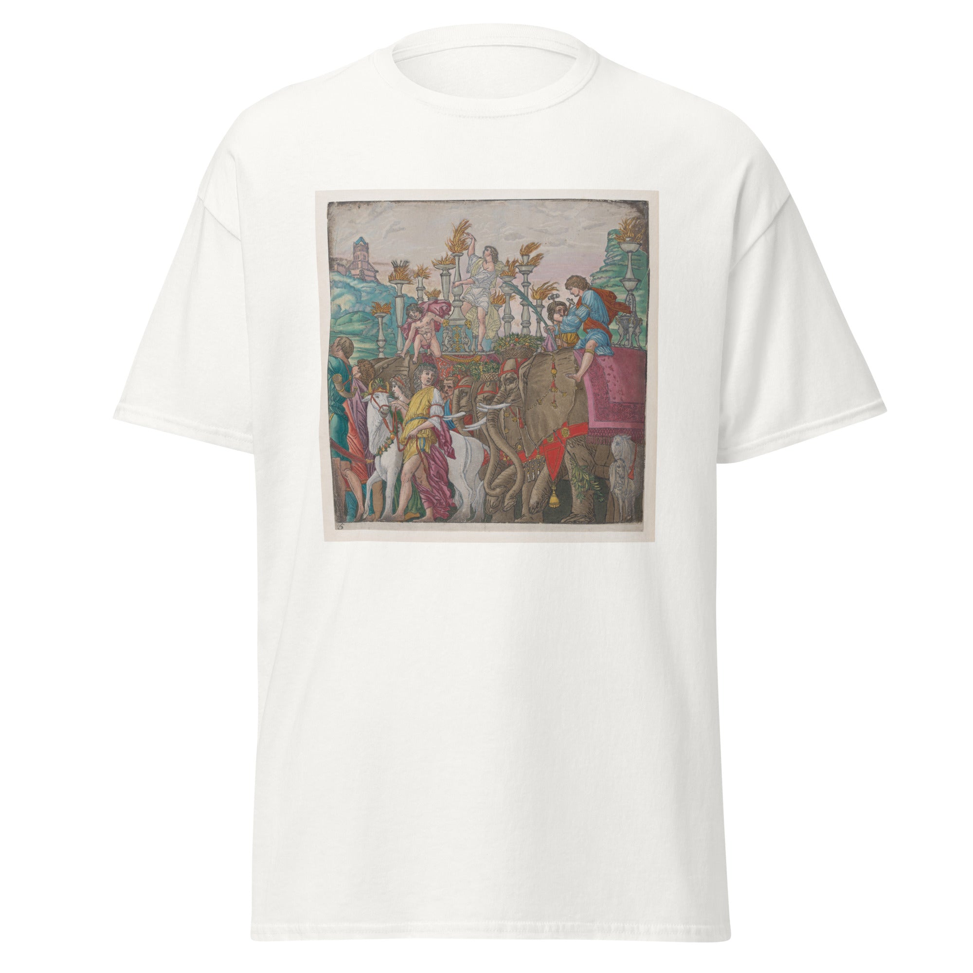 Unisex black t-shirt featuring Andrea Mantegna painting "Elephants" printed across the front