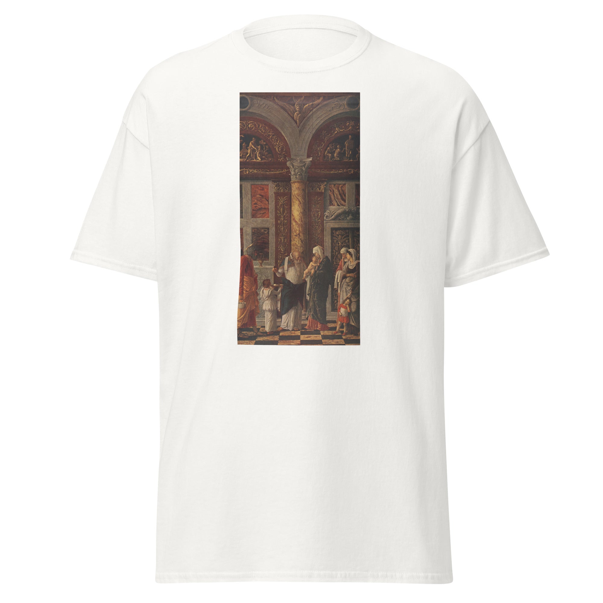 Unisex black t-shirt featuring Andrea Mantegna painting "Gesu" printed across the front
