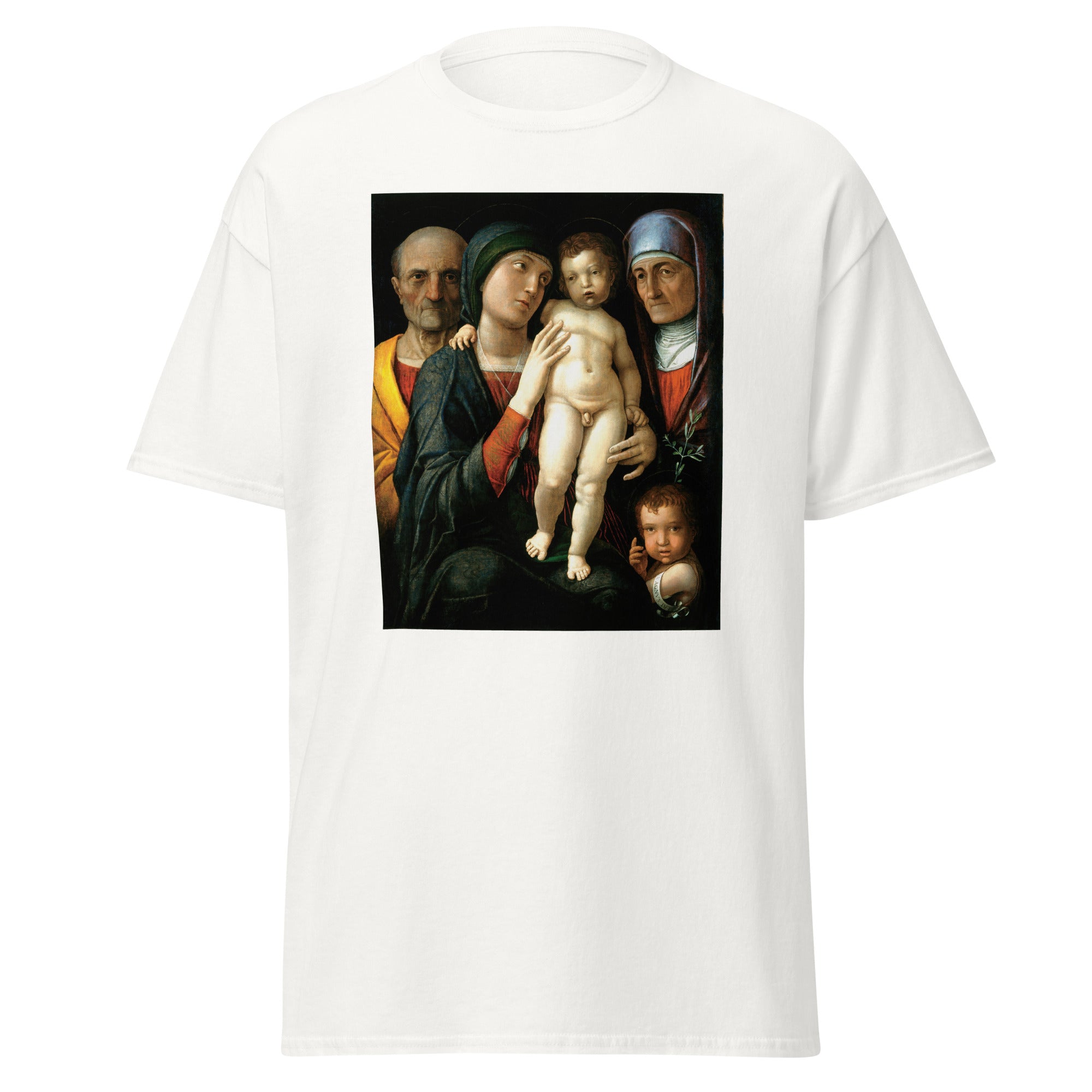 Unisex black t-shirt featuring Andrea Mantegna painting "Holy Family" printed across the front