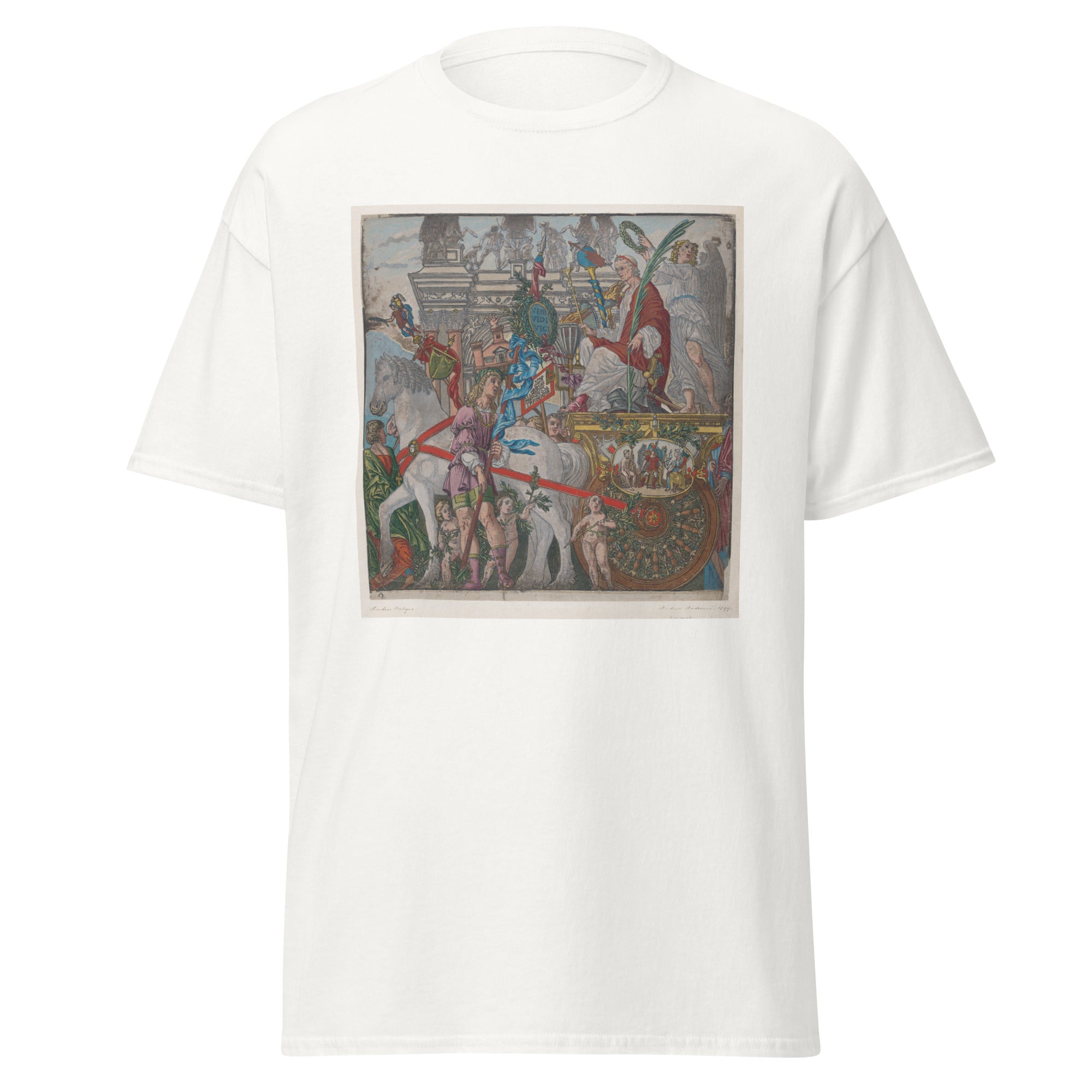 Unisex black t-shirt featuring Andrea Mantegna painting "Julius Caesar" printed across the front