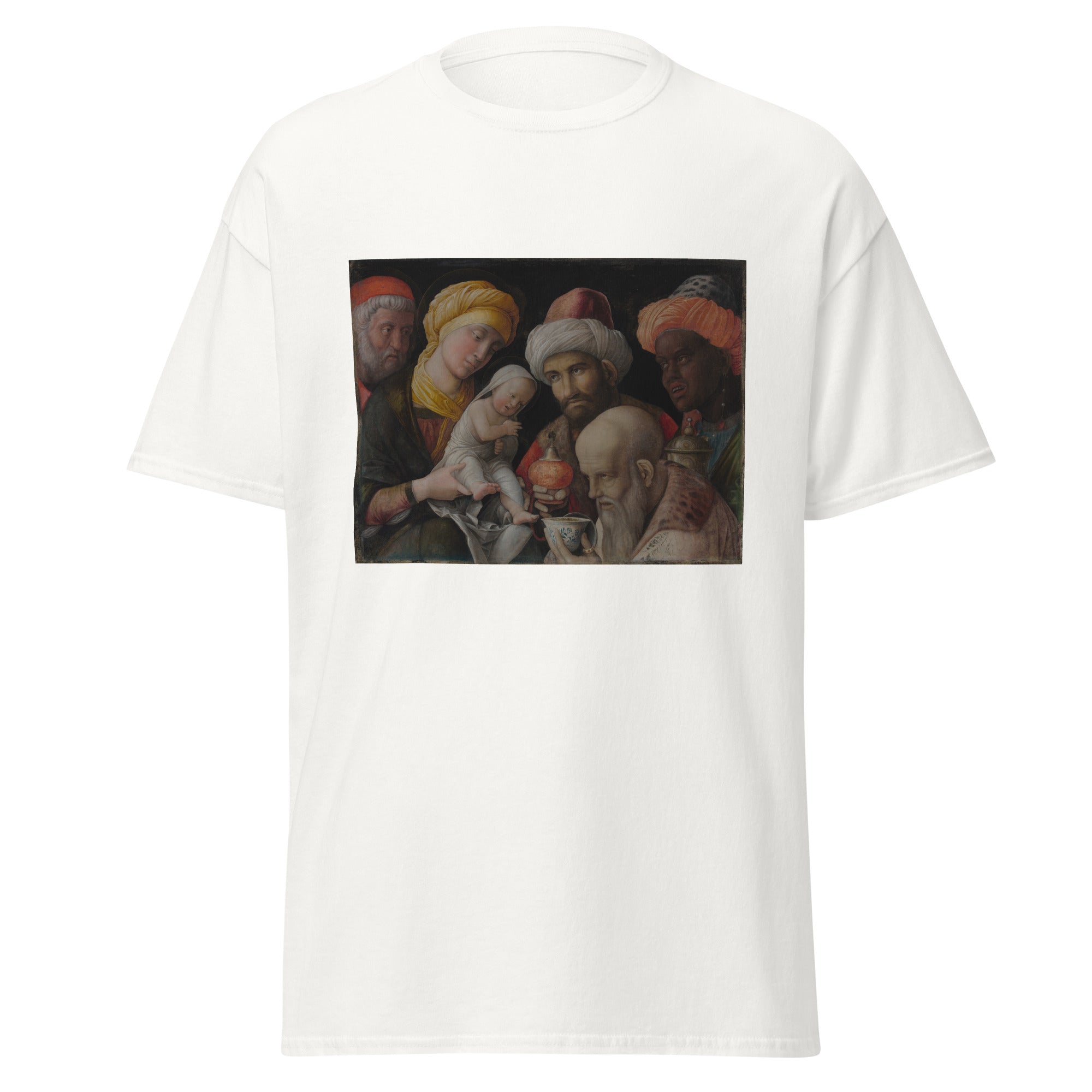 Unisex black t-shirt featuring Andrea Mantegna painting "Magi" printed across the front